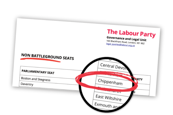 A document from Labour Party HQ showing 'non battleground seats'. Chippenham is on the list.