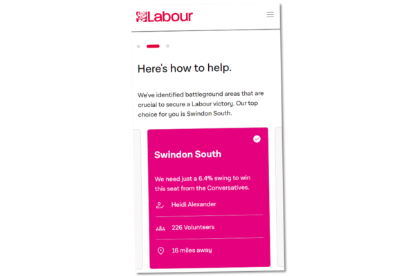 Screenshot of the Labour Party website instructing people to campaign in Swindon South.